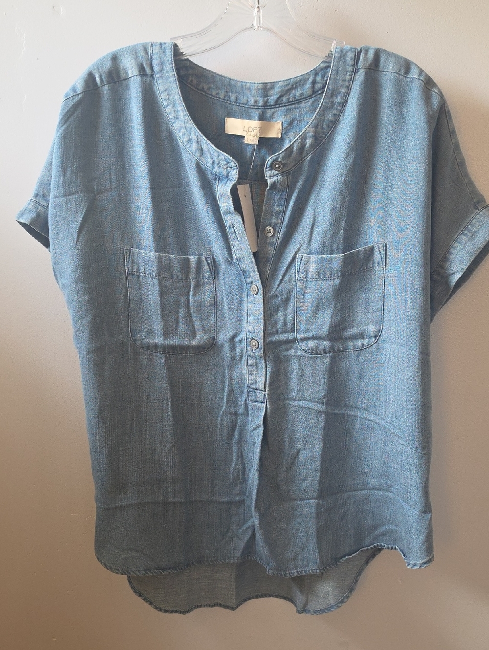 LOFT Light Blue Chambray Henley Pocket Top